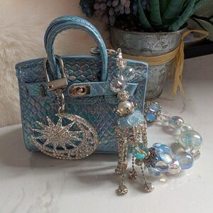Iridescent Blue Mini Tote Bag with Crystal Charm